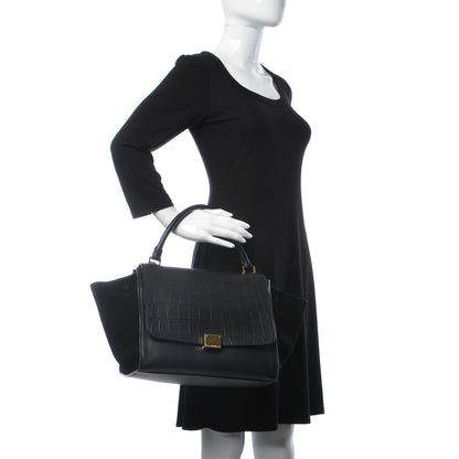 Celine Crocodile Embossed Calfskin Suede Medium Trapeze Black 3 of 23