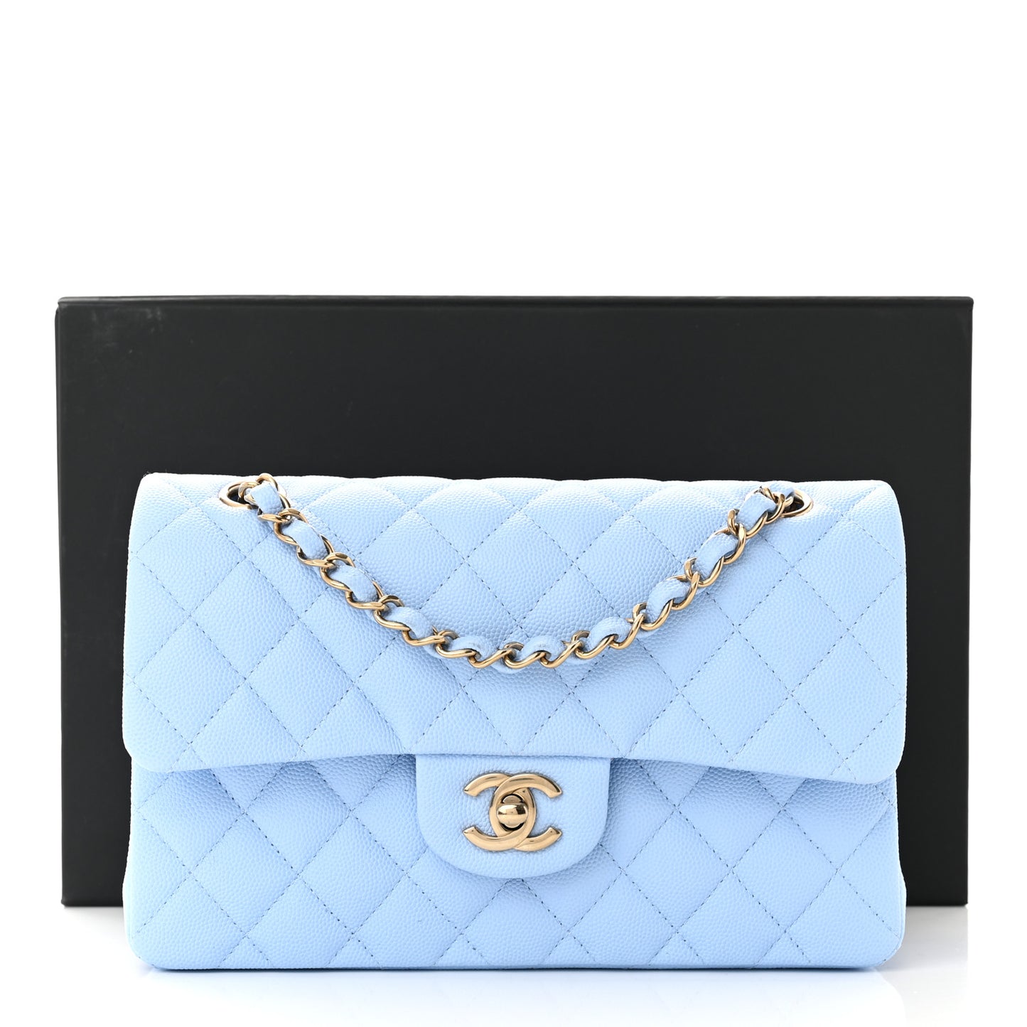 Caviar Quilted Small Double Flap Light Blue