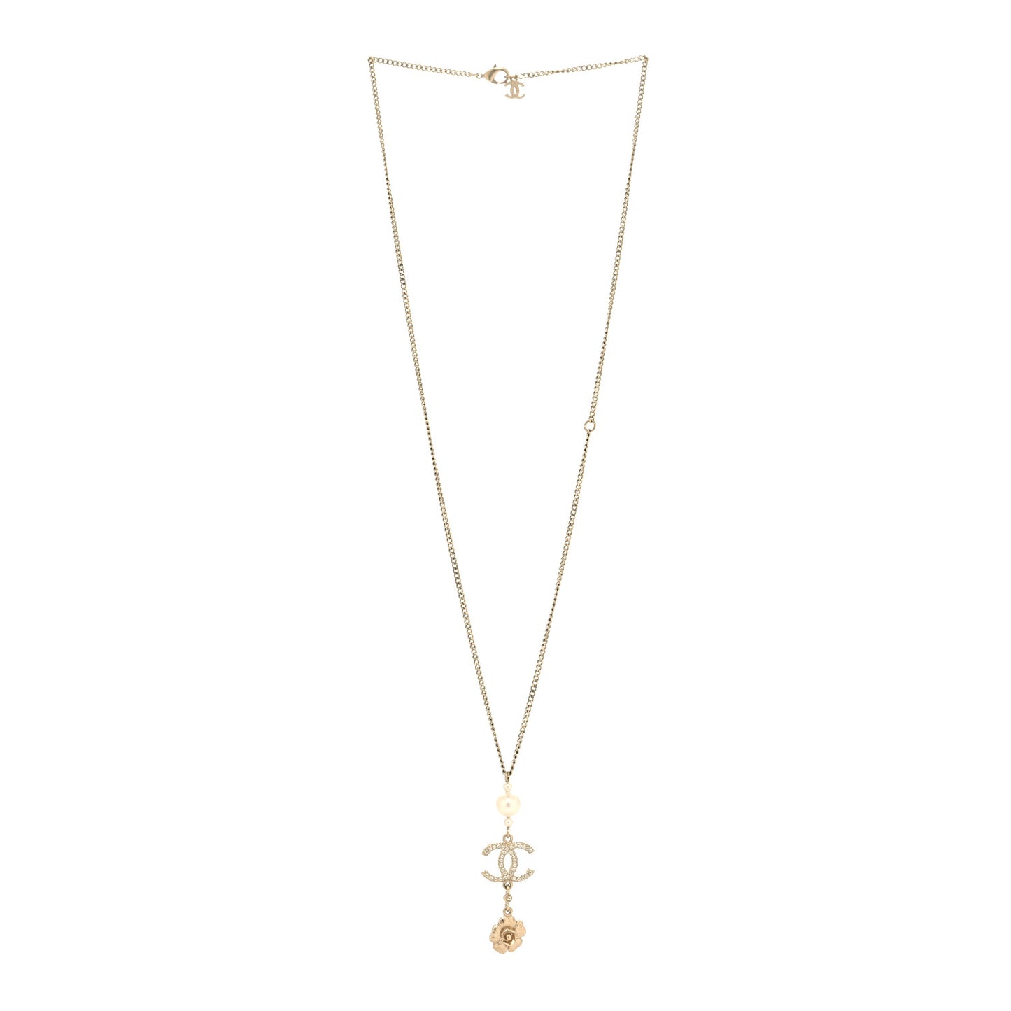 Crystal Pearl CC Drop Camellia Necklace Gold