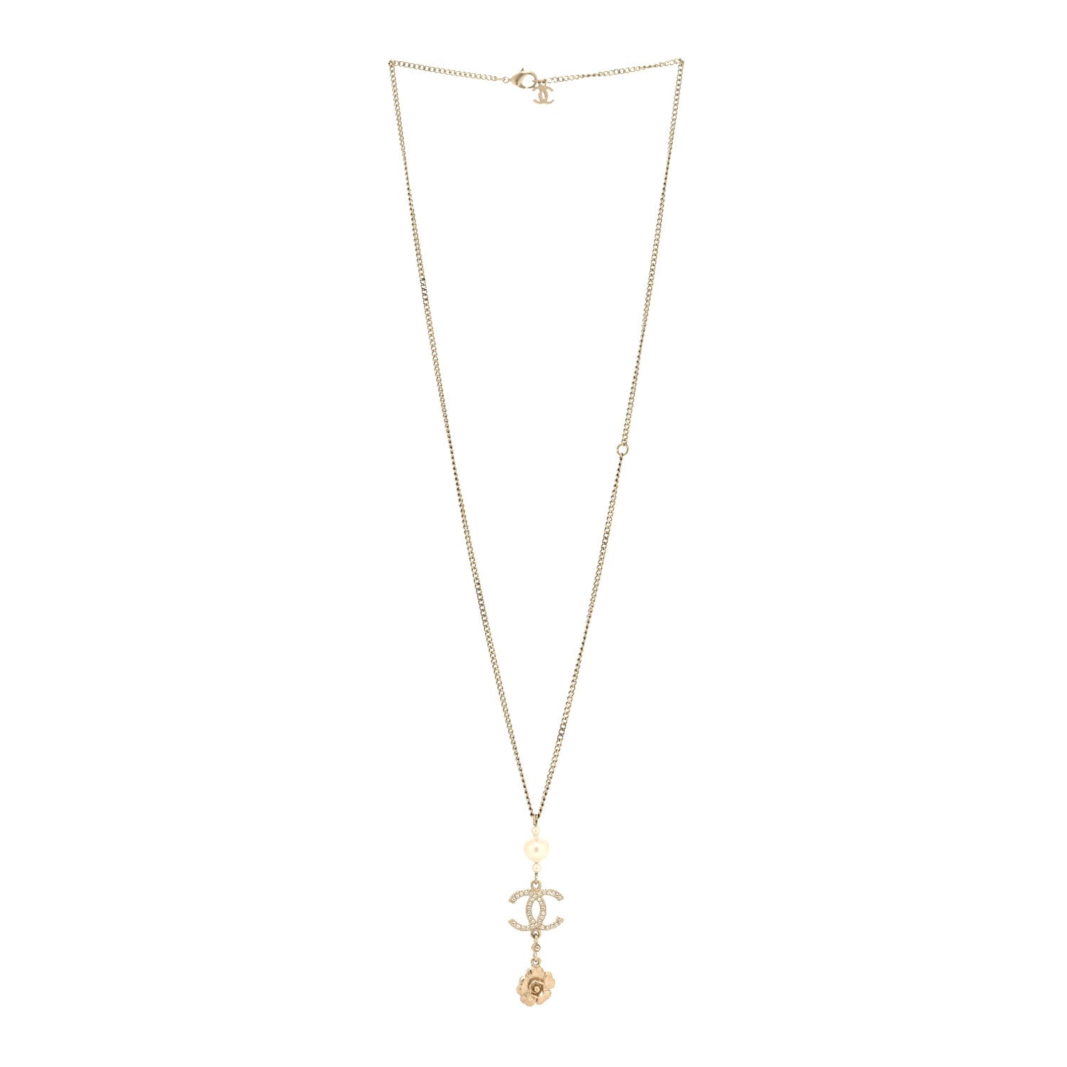 Chanel Crystal Pearl CC Drop Camellia Necklace Gold 3 of 5