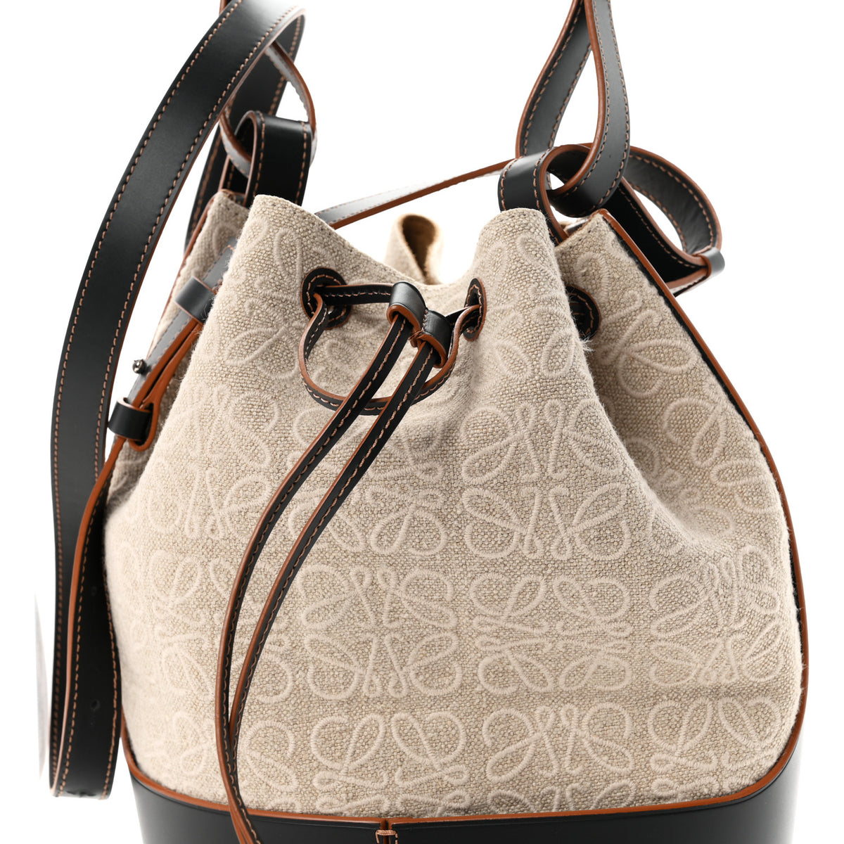 Loewe Calfskin Jacquard Linen Anagram Embroidered Balloon Bucket Bag Natural Black 7 of 9