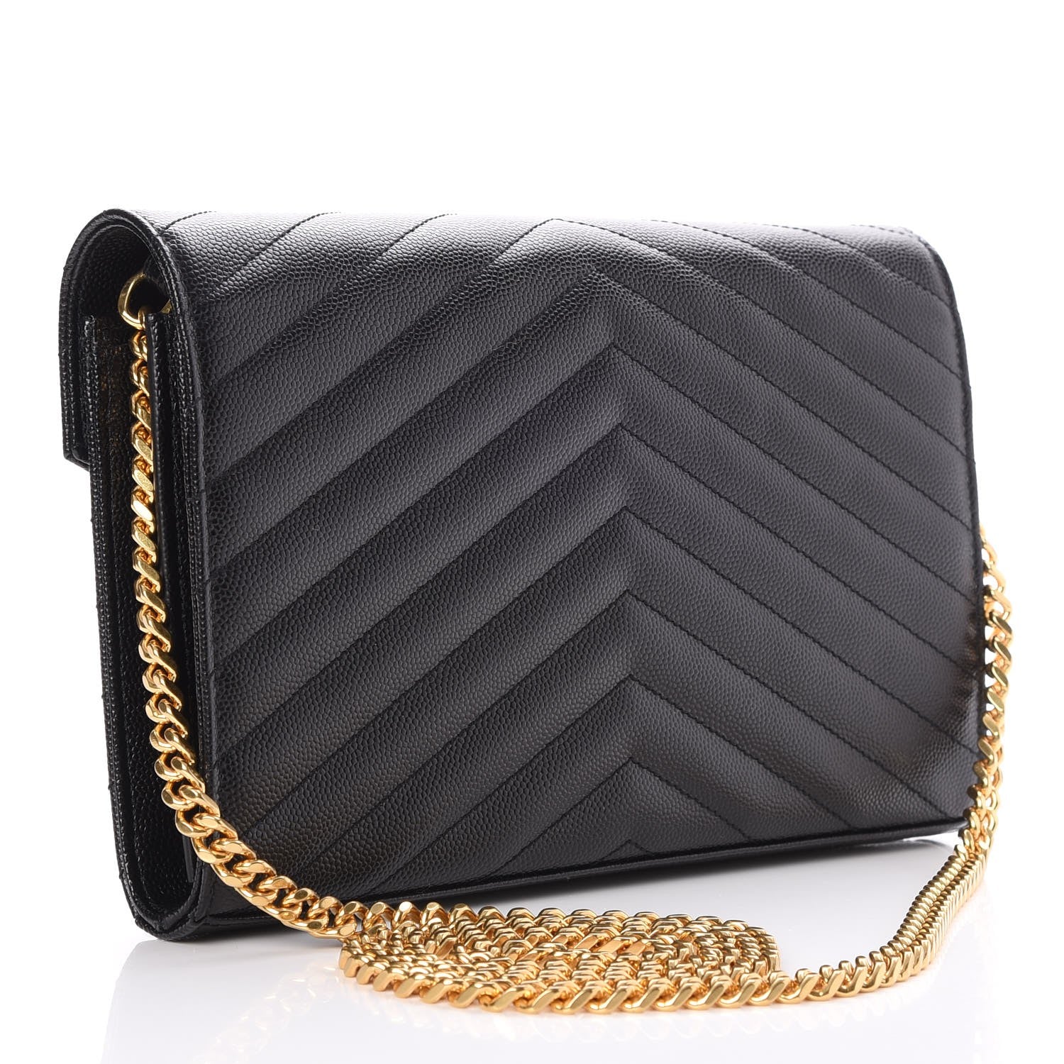 Saint Laurent Grain De Poudre Matelasse Chevron Monogram Chain Wallet Black 3 of 7
