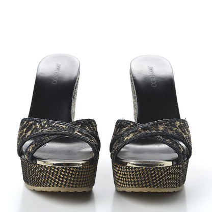 Jimmy Choo Woven Raffia Leopard Print Perfume Wedge Sandals 39.5 Natural Black 2 of 8