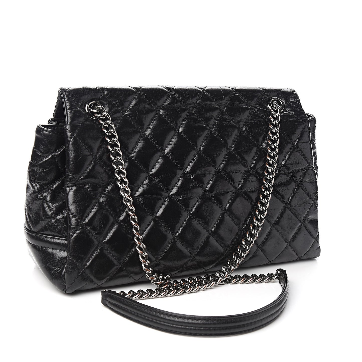 Shiny Crumpled Calfskin Quilted Medium Lady Pearly Flap Black