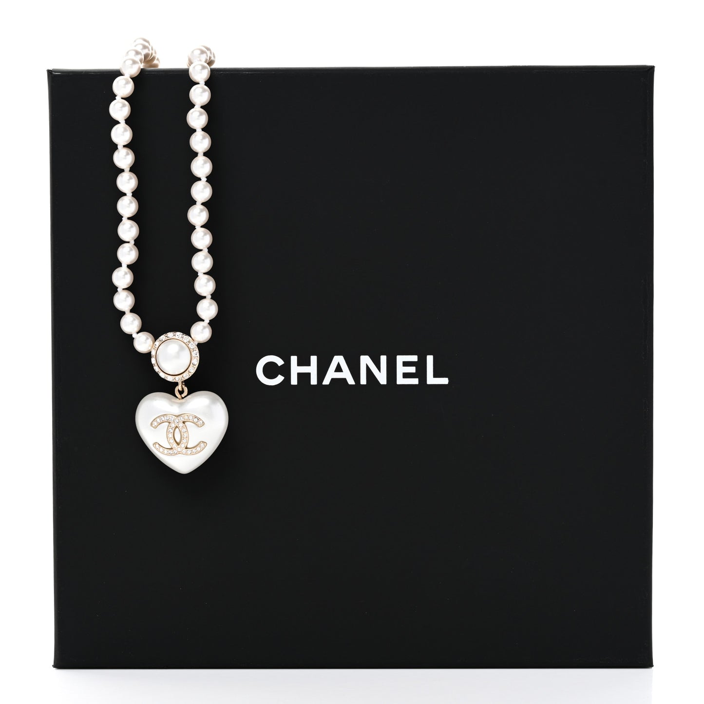 Pearl Crystal CC Heart Short Necklace Pearly White Gold