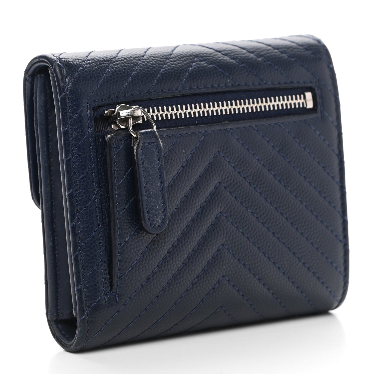Caviar Chevron Quilted Compact Flap Wallet Navy