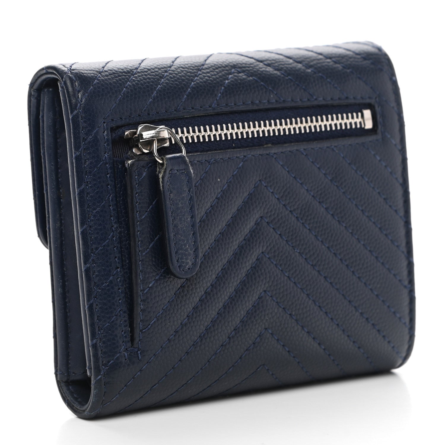 Chanel Caviar Chevron Quilted Compact Flap Wallet Navy 3 of 14