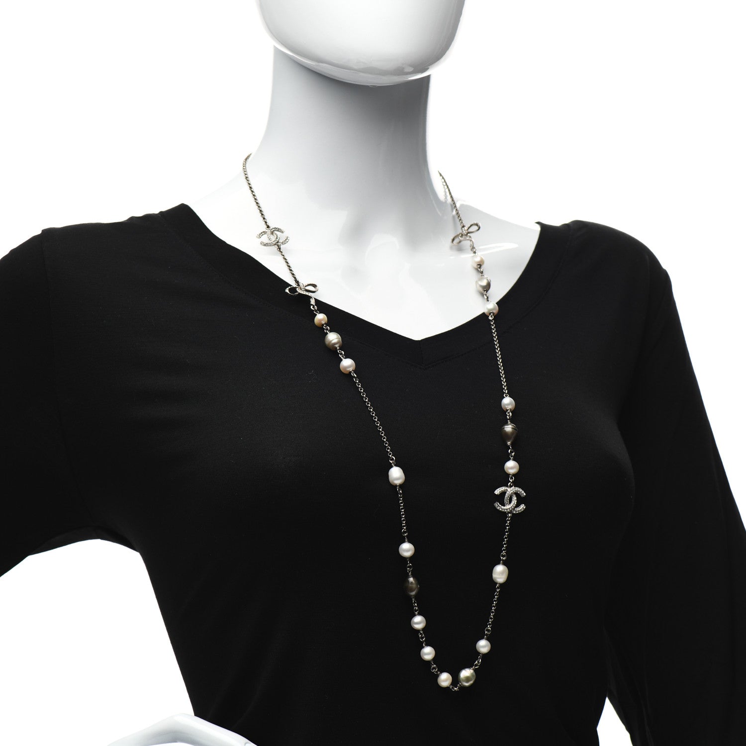 Chanel Pearl CC Crystal Bow Long Necklace Silver 2 of 6