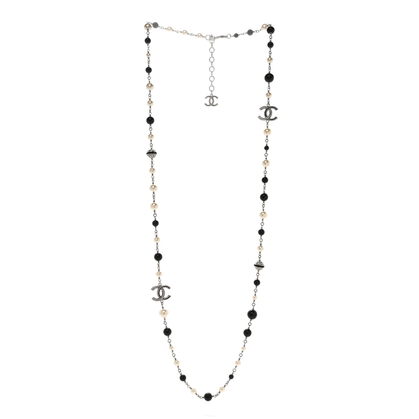 Pearl Crystal Bead CC Long Necklace Silver Black White