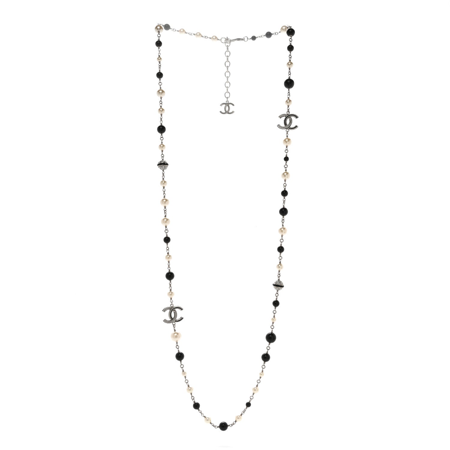 Chanel Pearl Crystal Bead CC Long Necklace Silver Black White 3 of 5