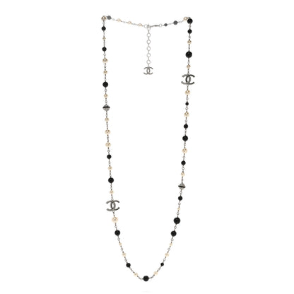Chanel Pearl Crystal Bead CC Long Necklace Silver Black White 3 of 5