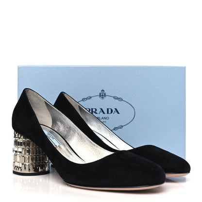 Prada Suede Crystal Block Heel Pump 39.5 Black 9 of 9