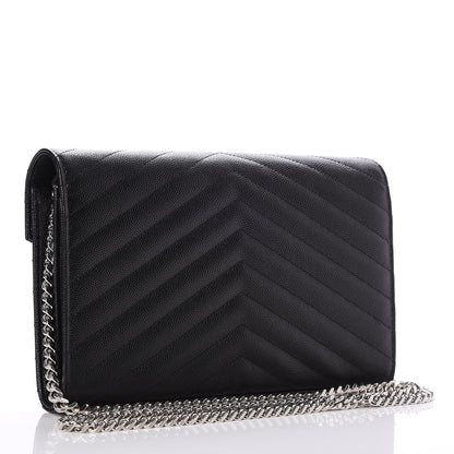 Saint Laurent Grain De Poudre Matelasse Chevron Monogram Chain Wallet Black 3 of 8