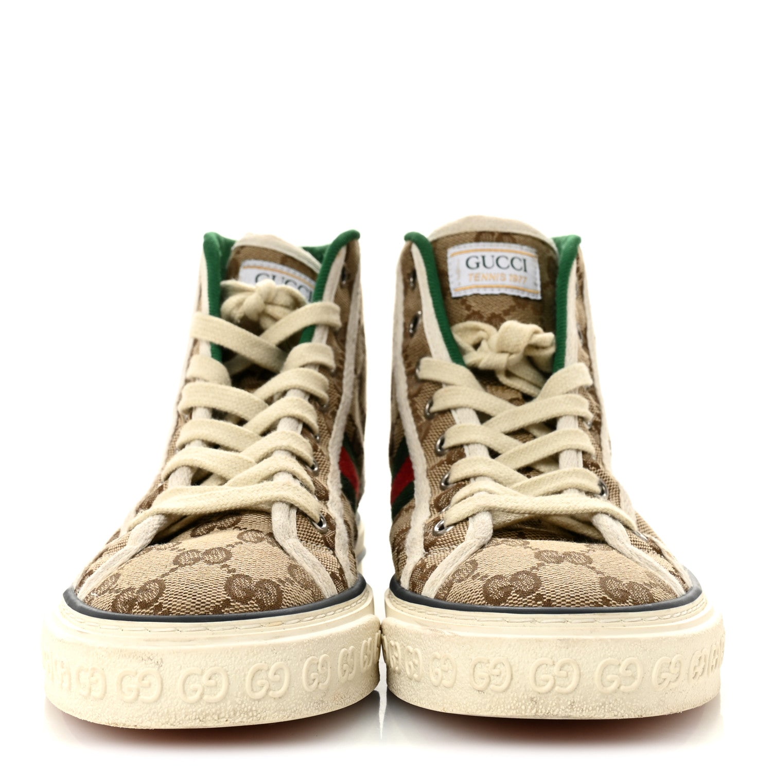 Gucci GG Monogram Web Womens 1977 Tennis High Top Sneakers 37 Beige Ebony Mystic White 3 of 12