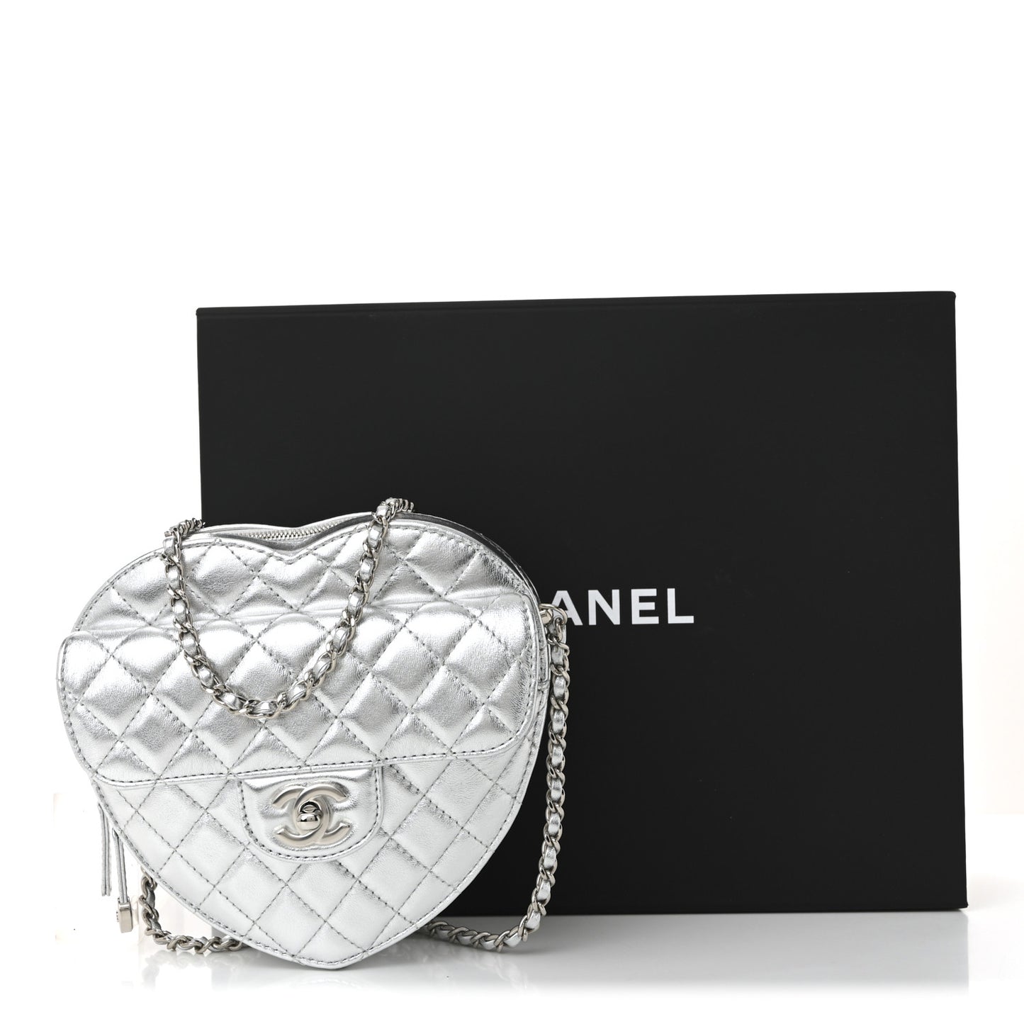 Metallic Lambskin Quilted Large CC In Love Heart Bag Silver