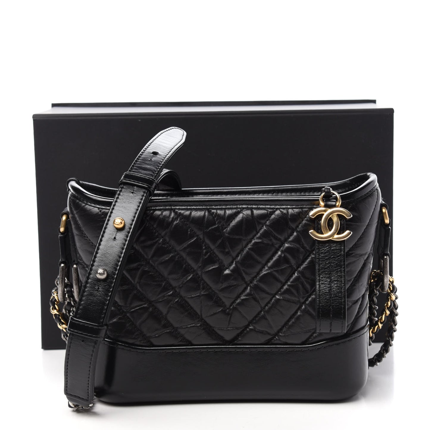 Aged Calfskin Chevron Quilted Small Gabrielle Hobo Black
