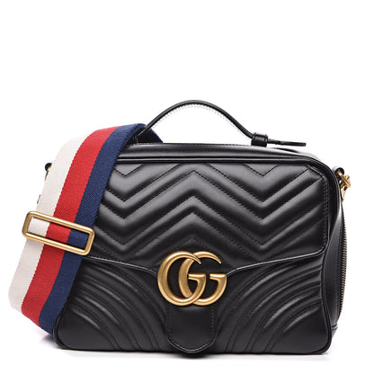 Gucci Calfskin Matelasse Sylvie Web Small GG Marmont Top Handle Shoulder Bag Black 1 of 13