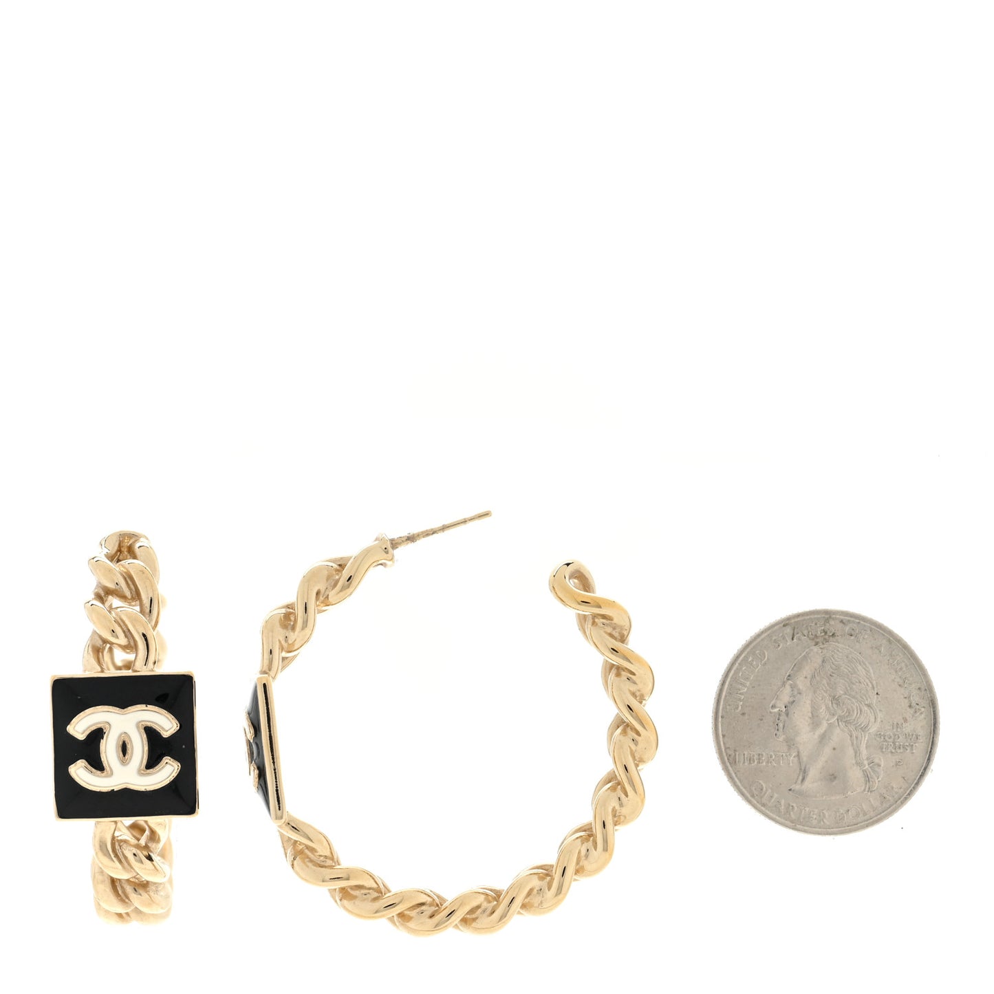 Metal Enamel CC Square Chain Hoop Earrings Gold Black