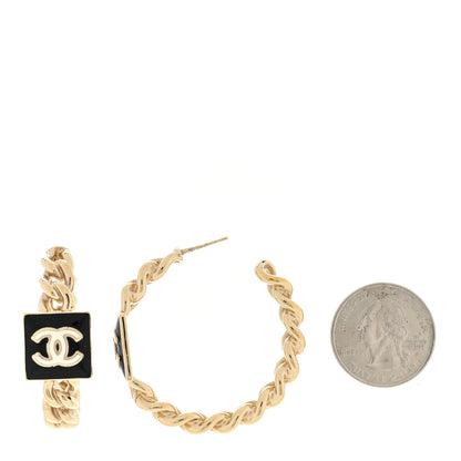 Chanel Metal Enamel CC Square Chain Hoop Earrings Gold Black 3 of 5