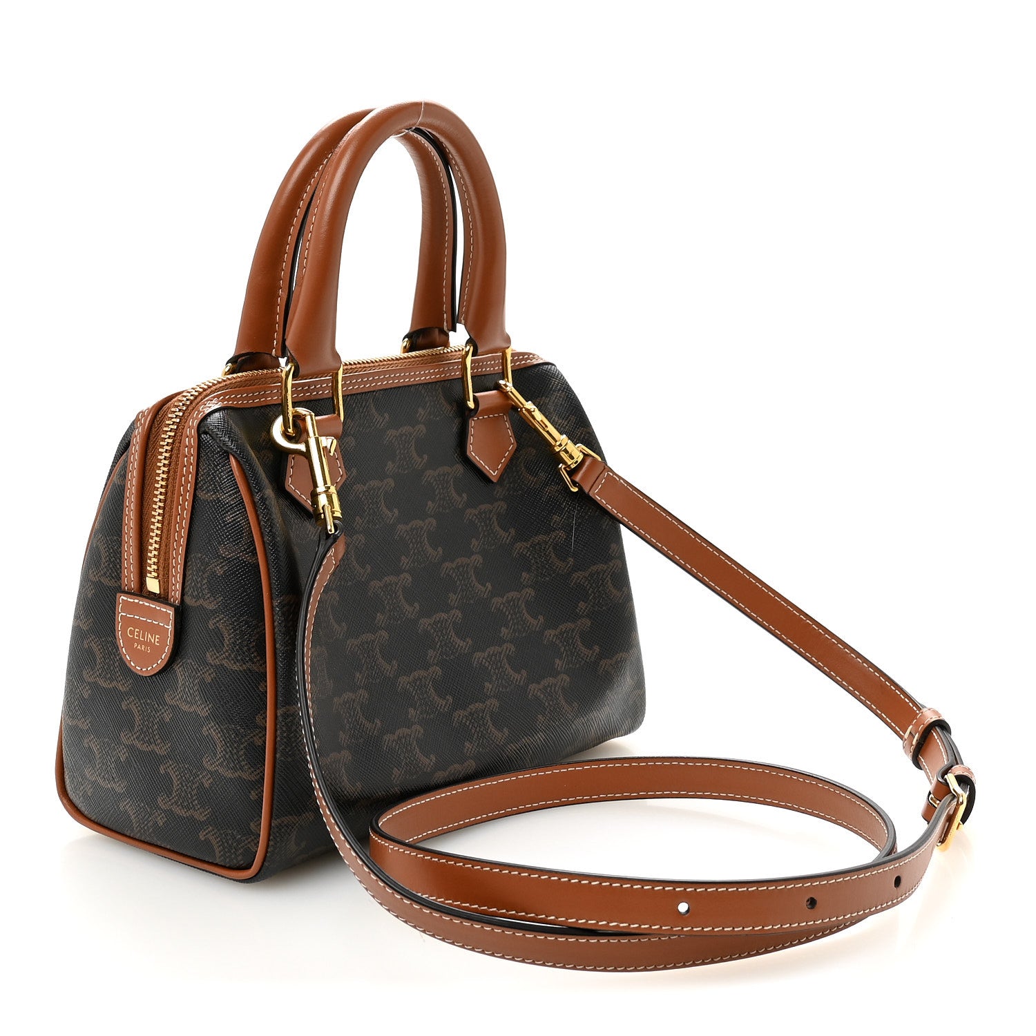 Celine Triomphe Canvas Calfskin Small Boston Bag Tan 3 of 9