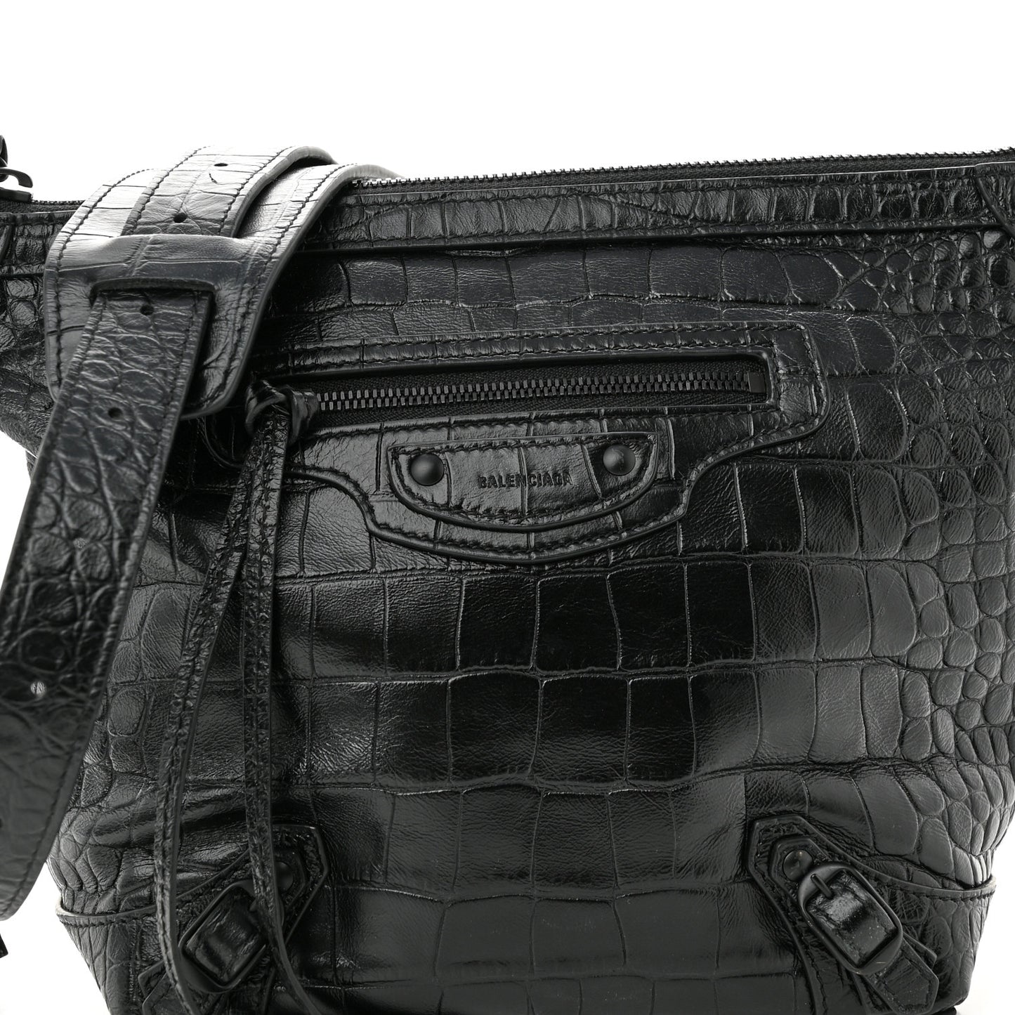 Extra Supple Calfskin Crocodile Embossed Neo Classic Hardware Hobo XS Black