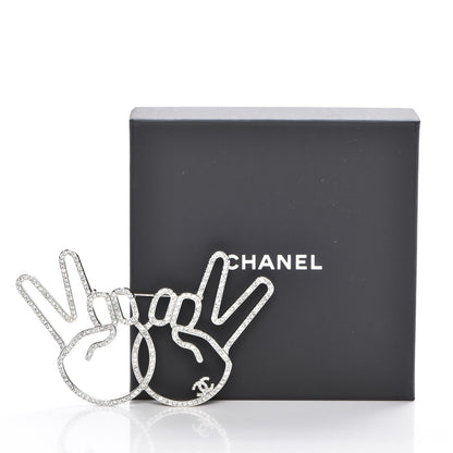 Chanel Strass Crystal Peace Sign Emoji Brooch Silver 5 of 5