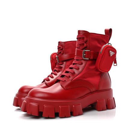 Prada Spazzolato Rois Re-Nylon Metal Triangle Logo Mens Monolith Pouch Pocket 60mm Combat Boots 9.5 Scarlatto 3 of 7