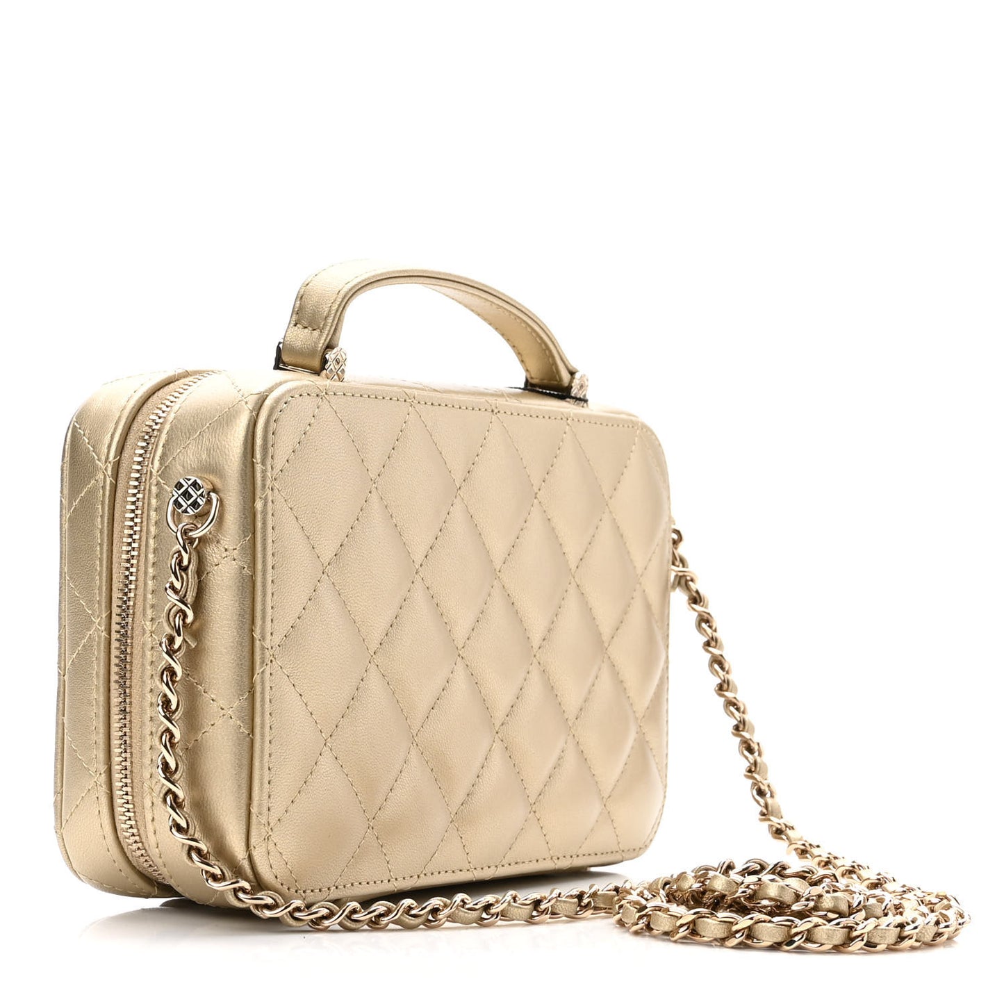 Metallic Lambskin Quilted Top Handle Vanity Case Gold