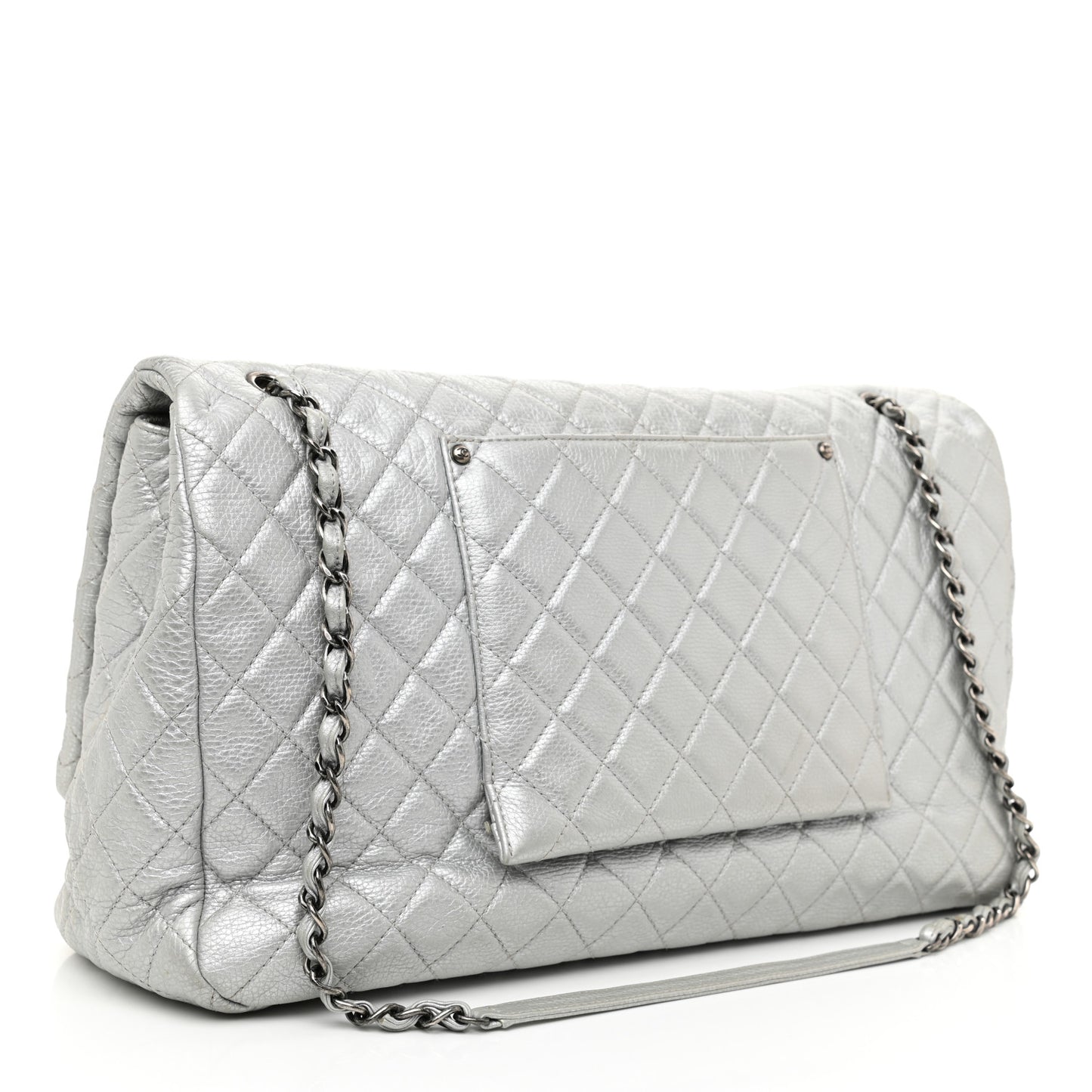 Metallic Calfskin Quilted XXL Travel Flap Bag Silver