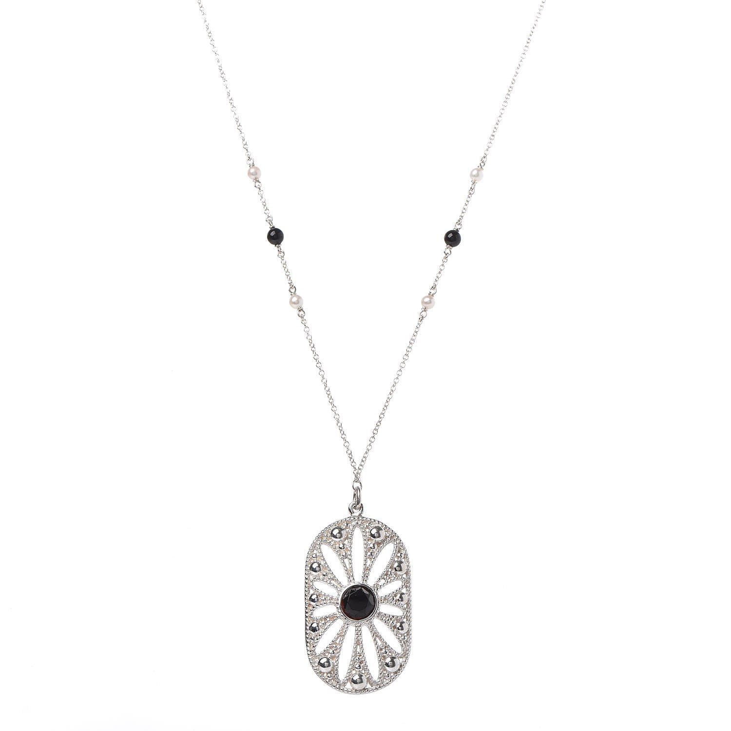 Tiffany Sterling Silver Black Onyx Pearl Ziegfeld Daisy Pendant Necklace 1 of 6
