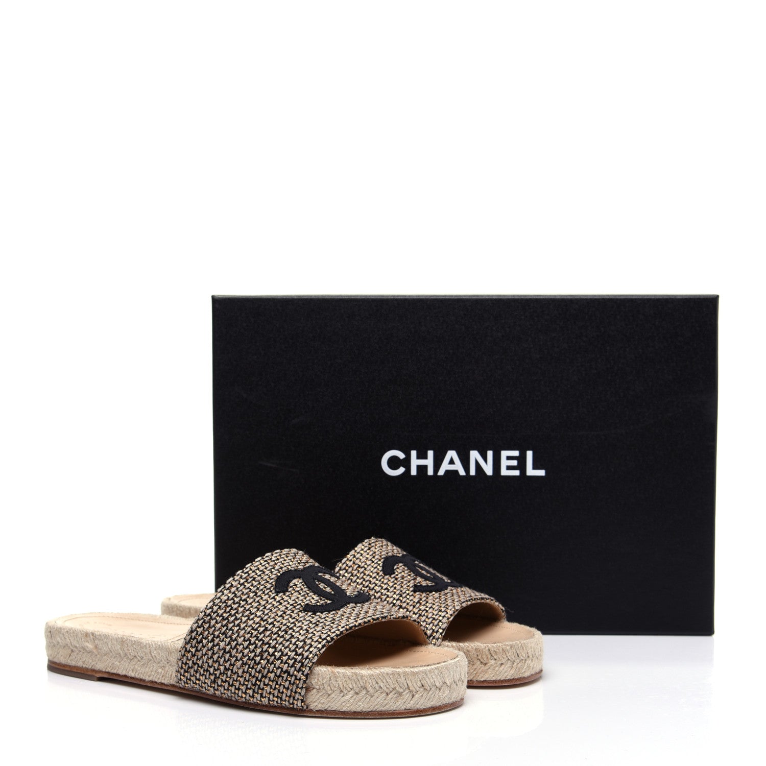 Chanel Metallic Tweed CC Espadrille Slip On Sandals 37 Beige Black 11 of 11