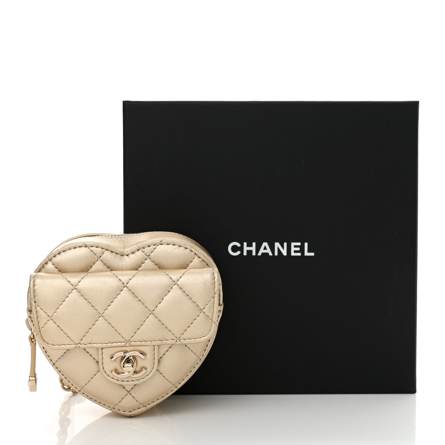 Metallic Lambskin Quilted CC In Love Heart Waist Belt Bag With Chain Gold