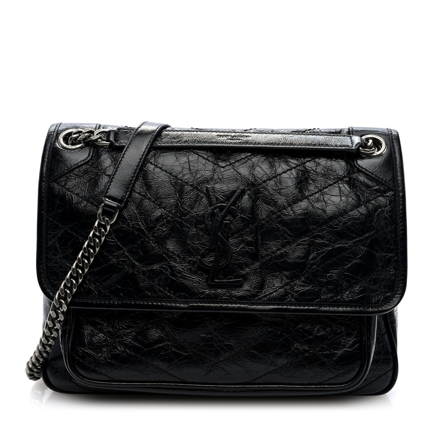Crinkled Calfskin Matelasse Monogram Medium Niki Chain Satchel Black