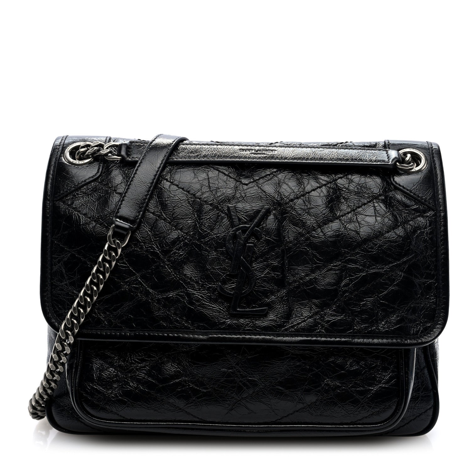 Saint Laurent Crinkled Calfskin Matelasse Monogram Medium Niki Chain Satchel Black 1 of 9