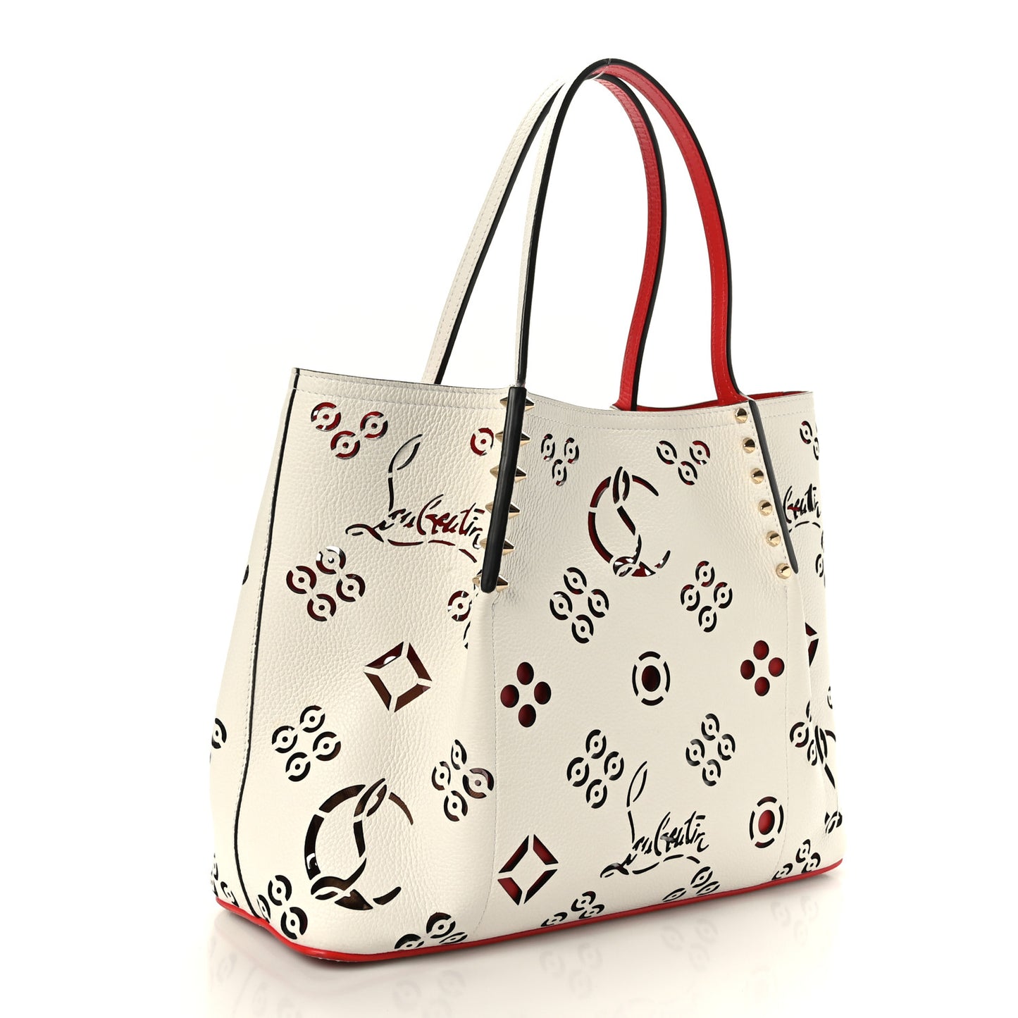 Calfskin Loubinthesky Small Perforated Cabarock Spikes Tote Snow