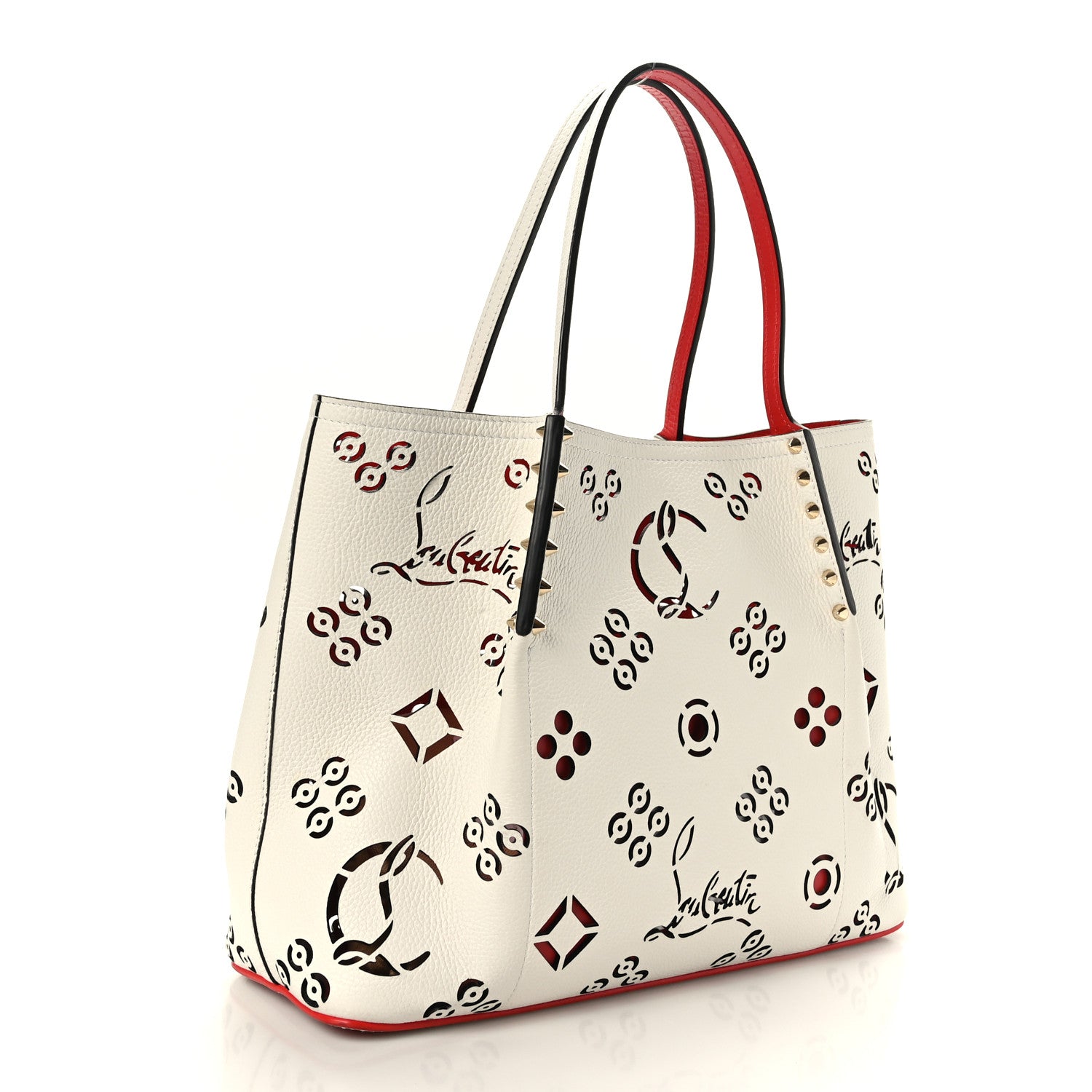 Christian Louboutin Calfskin Loubinthesky Small Perforated Cabarock Spikes Tote Snow 3 of 8