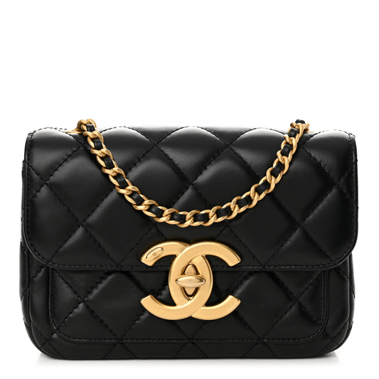 Shiny Lambskin Quilted Mini Maxi CC Flap Black