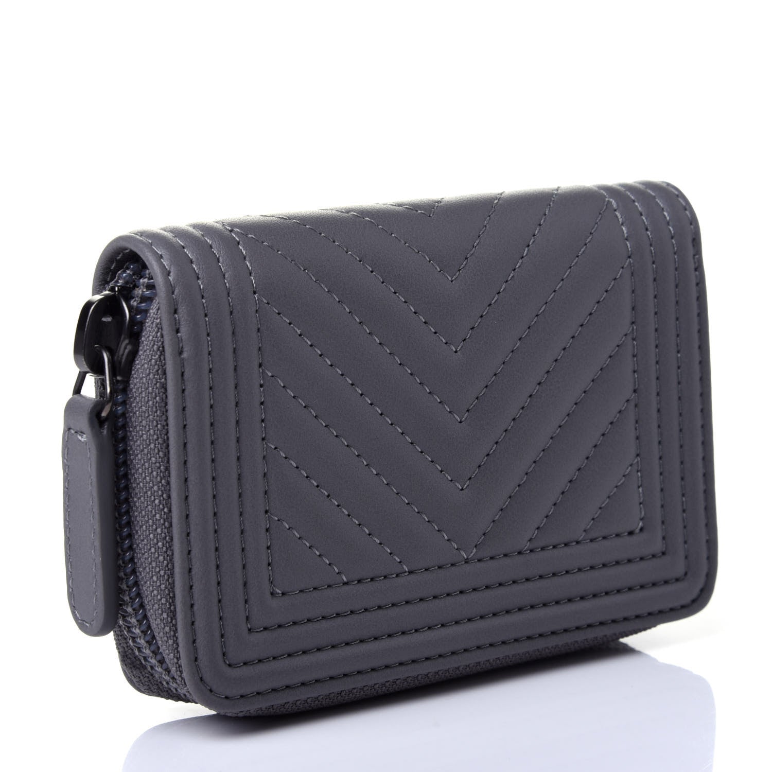Chanel Calfskin Chevron Quilted Zip Around Boy Coin Purse Wallet Grey 2 of 5