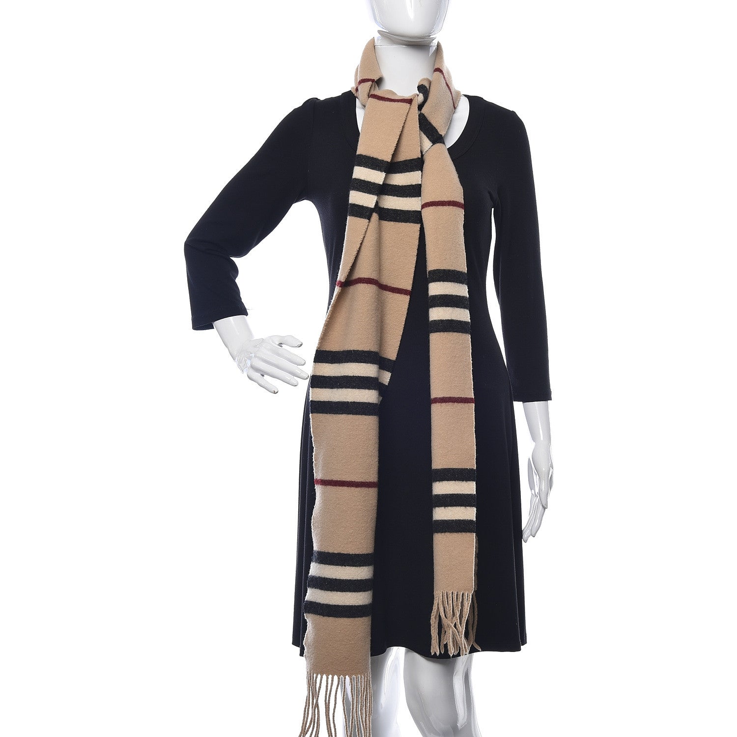 Burberry Merino Wool Cashmere Striped Fringe Scarf Camel 2 of 4