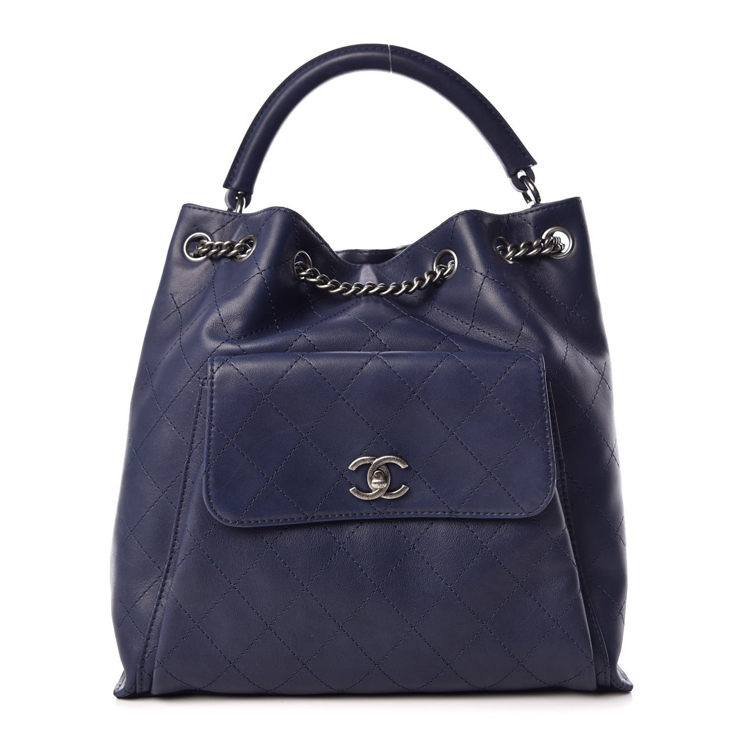 Calfskin Stitched Large Urban Luxury Drawstring Backpack Navy Blue