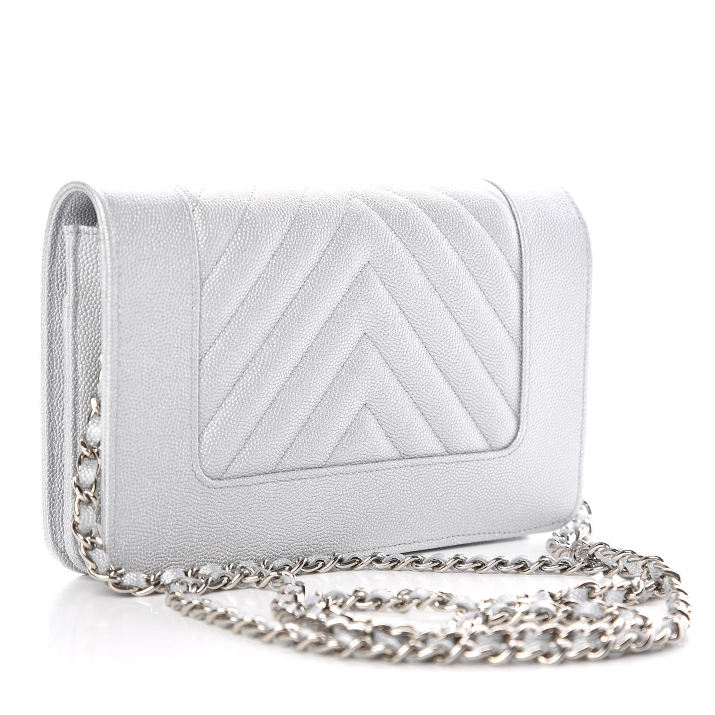 Metallic Caviar Chevron Quilted Vintage Mademoiselle Wallet On Chain WOC Silver