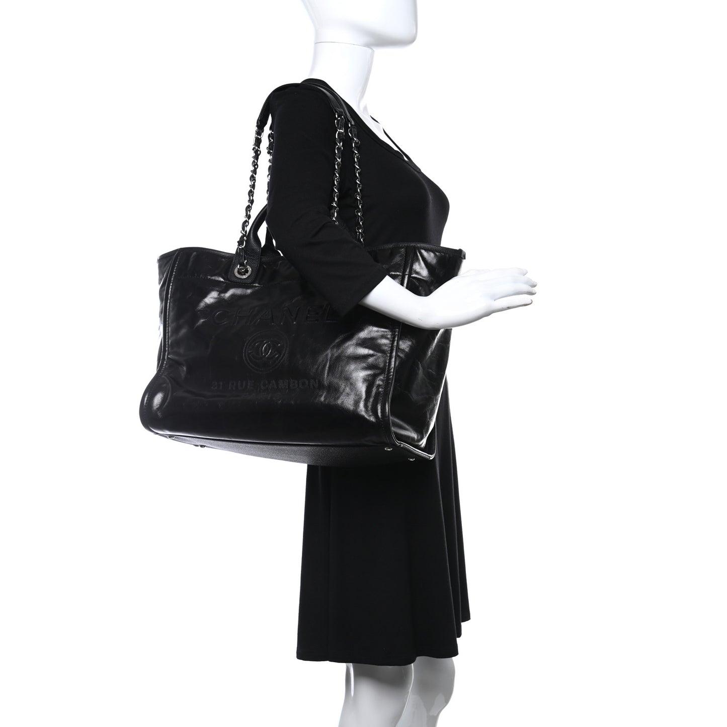 Glazed Calfskin Medium Deauville Tote Black