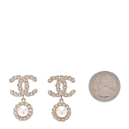 Chanel Crystal CC Pearl Drop Earrings Light Gold 2 of 5