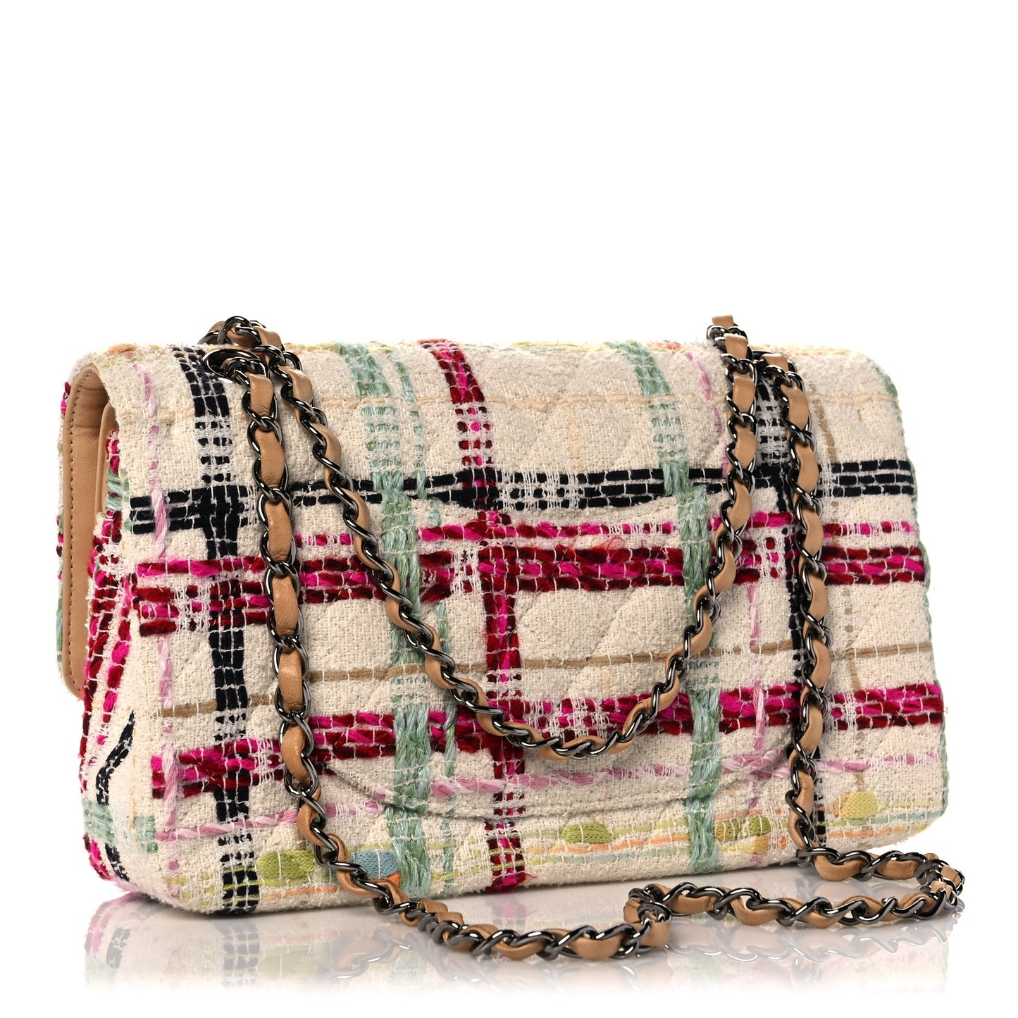 Tweed Quilted Medium Double Flap Beige Pink
