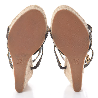 Louis Vuitton Monogram Metallic Bahamas T-Strap Espadrille Wedge Sandals 37 Brown 5 of 10