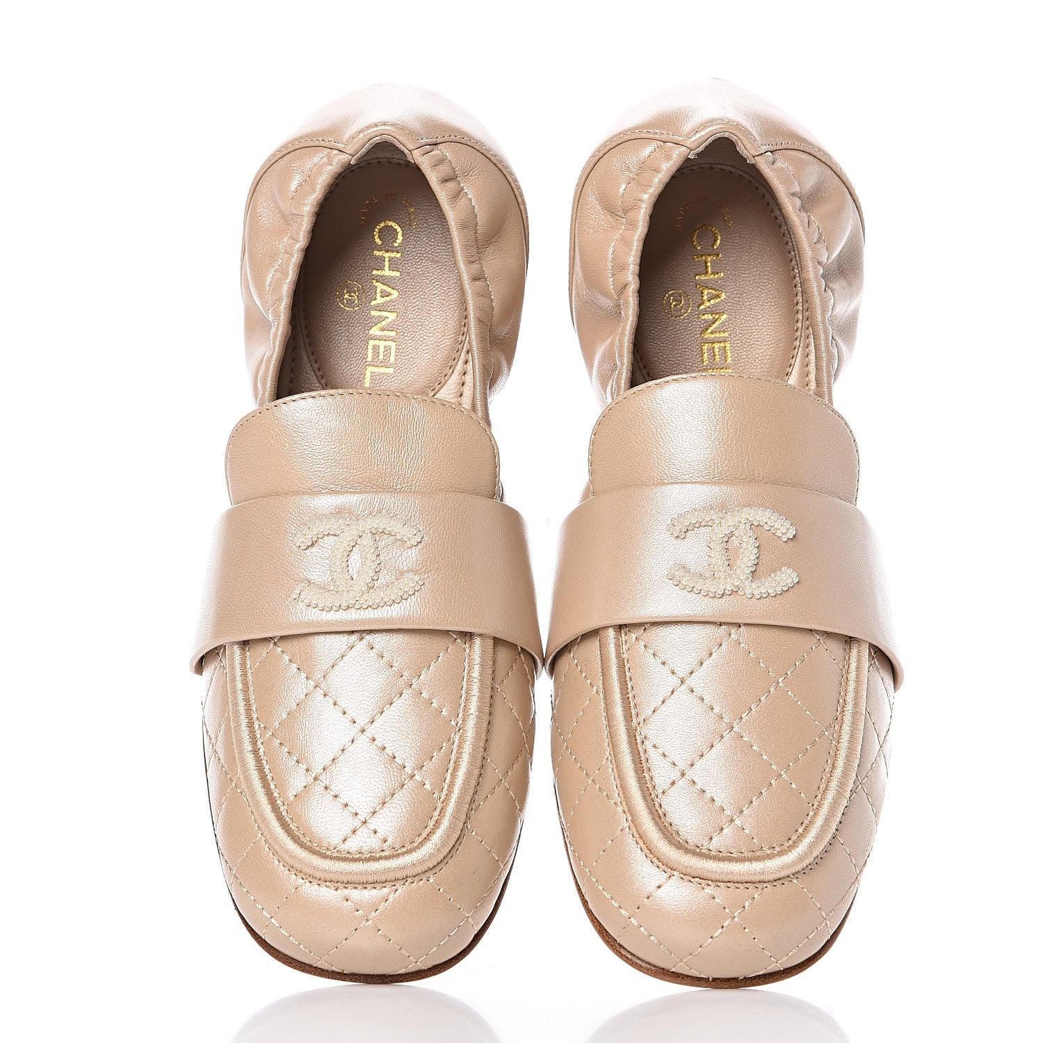Chanel Laminated Lambskin Womens Quilted Elastic CC Moccasin Loafers 34.5 Beige 4 of 9
