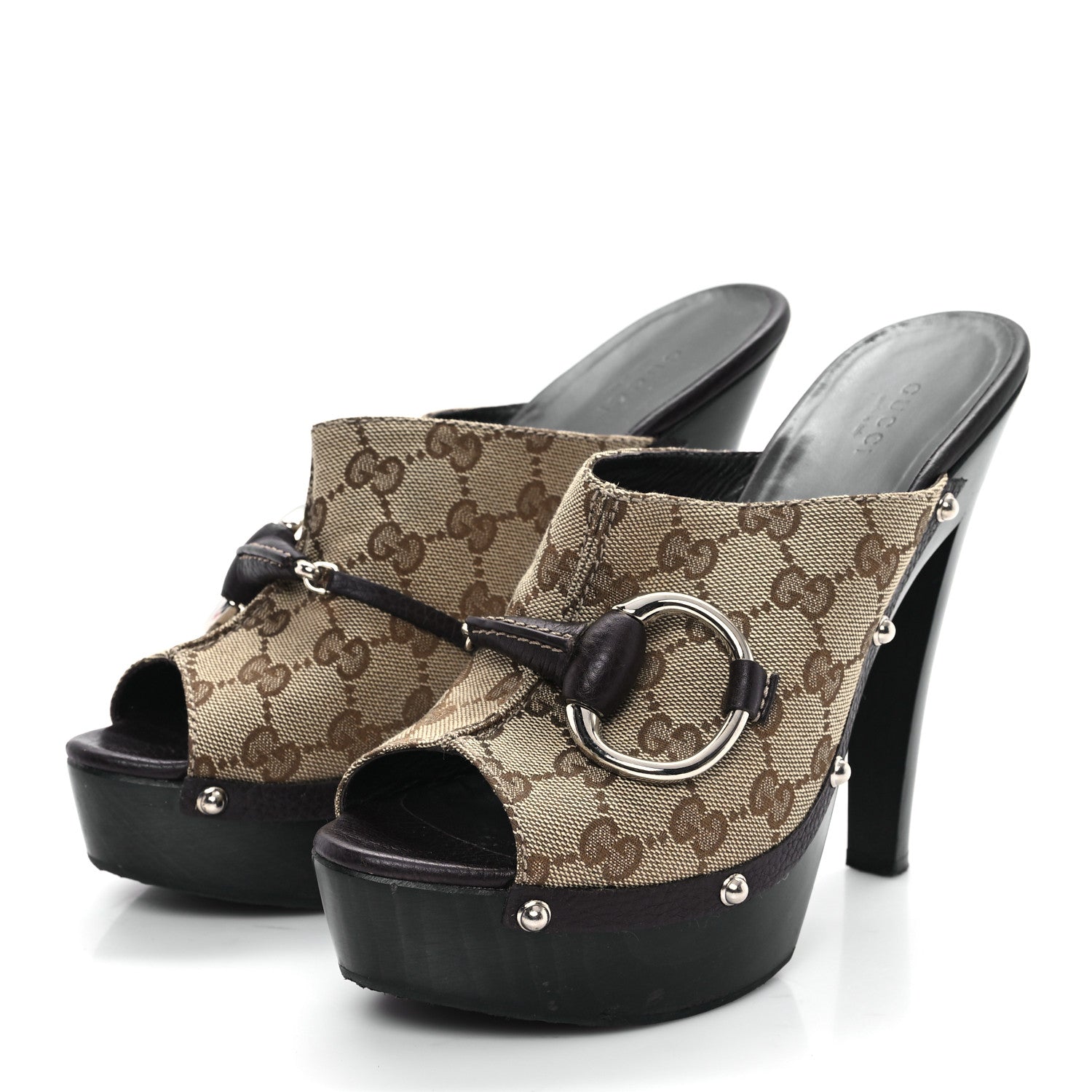 Gucci Monogram Cellarius Soft Calfskin Icon Bit Platform Clog High Heel Slide Sandals 40 Beige Ebony Cocoa 4 of 10