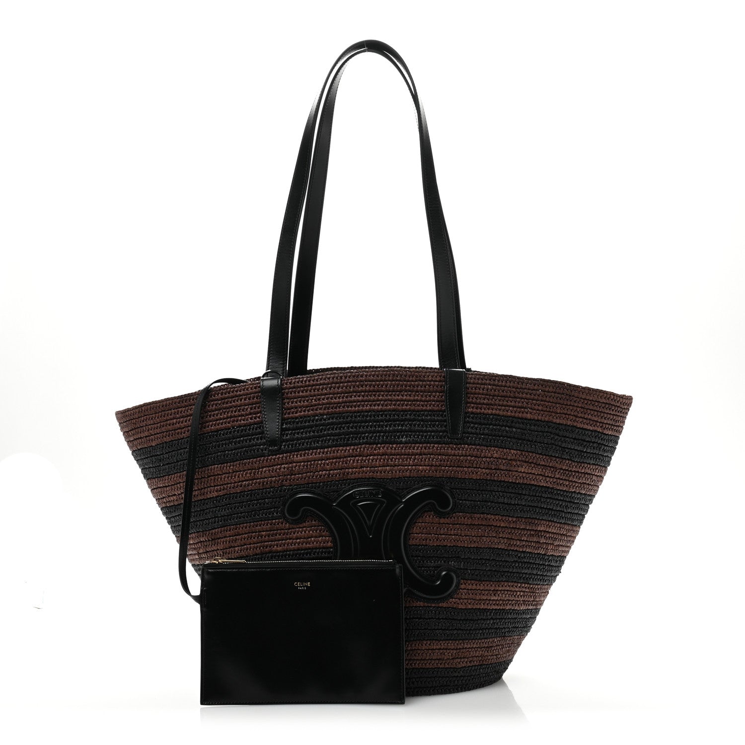 Celine Raffia Striped Calfskin Triomphe Couffin Panier Black Brown 3 of 12