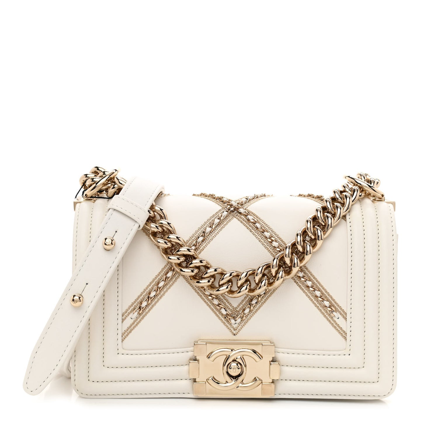 Calfskin Quilted Chain Embellished Small Boy Flap White