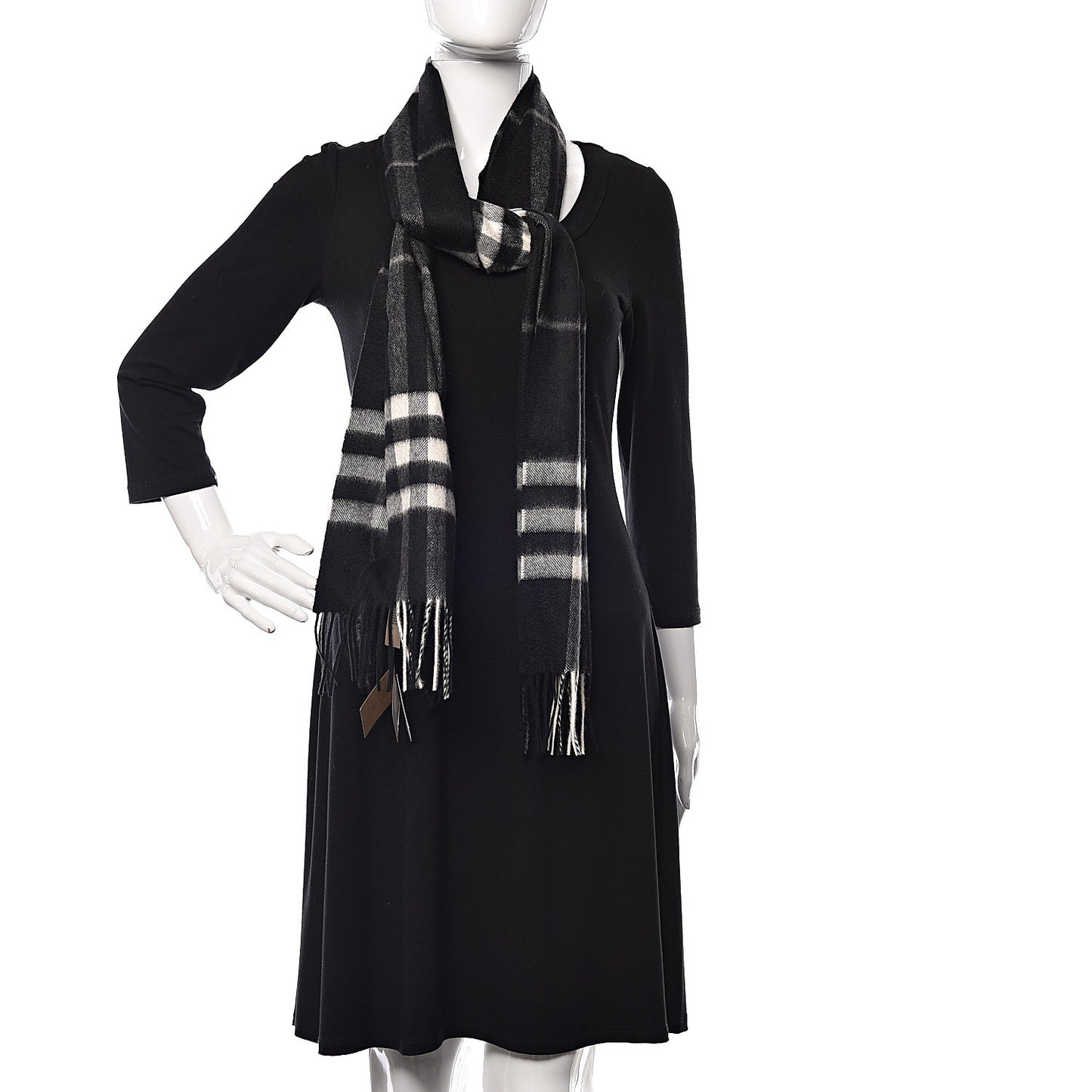 Cashmere Giant Check Fringe Scarf Black